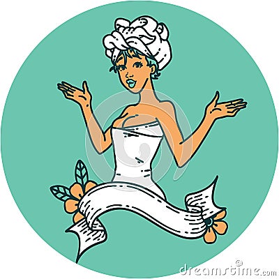 tattoo style icon of a pinup girl in towel with banner Vector Illustration