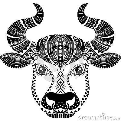 Tattoo style. Silhouette of bull isolated on white background. Zodiac sign Taurus. Abstract background. Vector Illustration