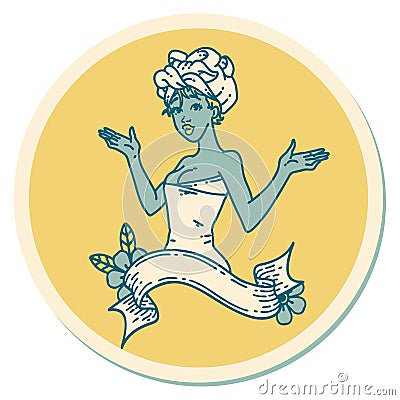 tattoo style sticker of a pinup girl in towel with banner Vector Illustration