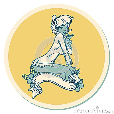 tattoo style sticker of a pinup girl wearing a shirt with banner Vector Illustration