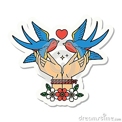 tattoo style sticker of a tied hands and swallows Vector Illustration