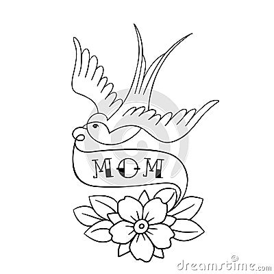 Tattoo Swallow with the inscription mom and a flower Vector illustration of an American old school tattoo. Bird swift Vector Illustration