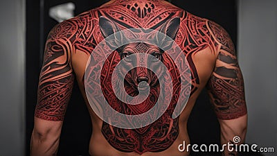 A tattoo with tribal designs and kangaroos. The tattoo is inked with needles and pigment, Stock Photo