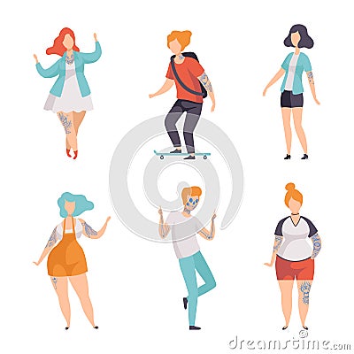 Tattooed people set. Different young people with tattoos flat vector illustration Vector Illustration