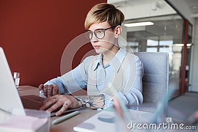 Tattooed Young Woman Using Laptop in Office Stock Photo