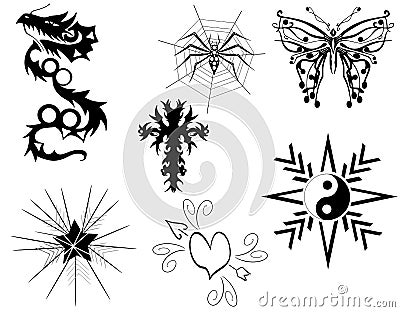 Set of Tattoos with different subjects, black and white, artistic, isolated. Cartoon Illustration