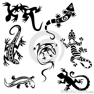 Tattoos lizards (collection) seven silhouettes Vector Illustration