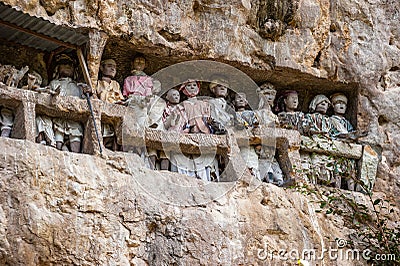 Tau tau, wooden statues representing dead men at burial cave, Tana Toraja, South Sulawesi, Indonesia Stock Photo