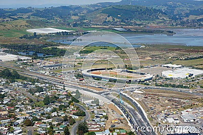 Aerial image Barpark stadium and surrounding roading works Editorial Stock Photo