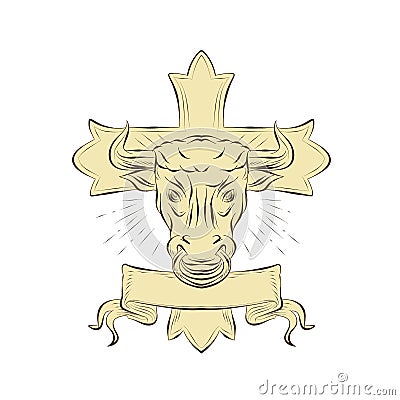 Taurus Bull Christian Cross Drawing Vector Illustration