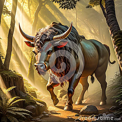 Taurus bull Minotaur mythological creature walking through mystical forest Stock Photo