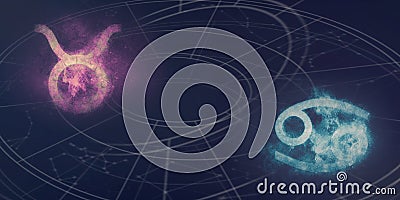 Taurus and Cancer horoscope signs compatibility. Night sky Abstract background. Stock Photo