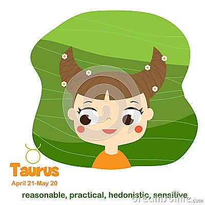 Taurus. Kids zodiac. Children horoscope sign. Astrological symbols in cartoon style Vector Illustration