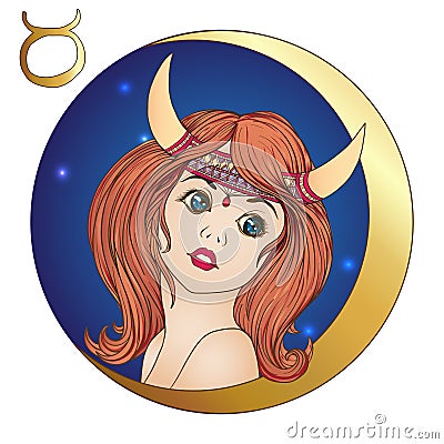 Taurus. A young beautiful girl In the form of one of the signs o Vector Illustration