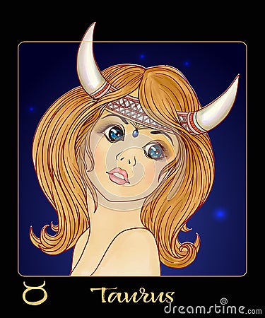 Taurus. A young beautiful girl In the form of one of the signs Vector Illustration