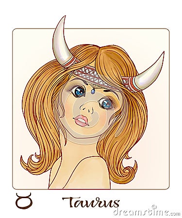 Taurus. A young beautiful girl In the form of one of the signs of the zodiac. Vector Illustration