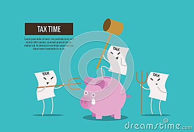 Tax bill hold hammer about to smash piggy bank. Vector Illustration