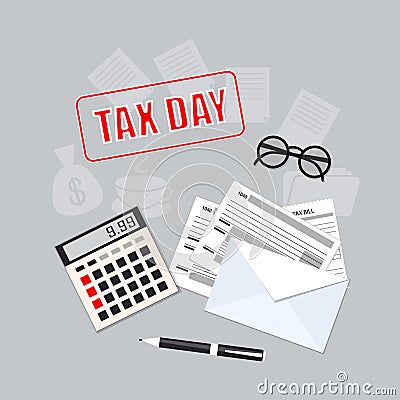 Tax day with calculator, envelope, pen and glasses Vector Illustration