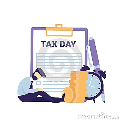 Tax day, clipboard and unhappy man Vector Illustration