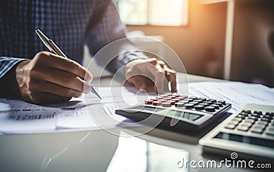 Tax day poster. Man sitting at white office table, holding pen, forms, calculating taxes. Calculators, hands, AI Generative Stock Photo