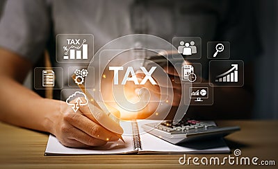 Tax deduction planning and pay taxes online concept. Expenses, account, VAT, income tax, and property tax, pay tax. Net income, Stock Photo
