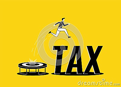 Tax evasion and tax avoidance concept. Businessman jump from trampoline over the tax. Creative vector illustration Vector Illustration