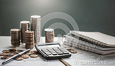 Tax form, Calculator, few coins, papers money, book, tax form, and pen on table Stock Photo