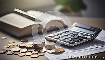 Tax form, Calculator, few coins, papers money, book, tax form, and pen on table Stock Photo