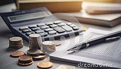 Tax form, Calculator, few coins, papers money, book, tax form, and pen on table Stock Photo