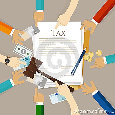 Tax law gavel hammer with money and paper court of financial dispute revenue Vector Illustration