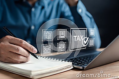 TAX online payment concept. allowance taxes, payment, calculating finance, tax accounting, statistics and data analytic research, Stock Photo
