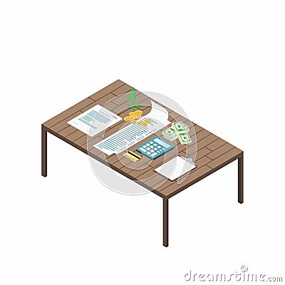 Tax payment. Bills with calculator, credit card and cash on the table. Payment of utility, family budget. Isometric Vector Illustration