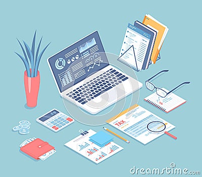 Tax payment, bookkeeping, accounting. Tax form, laptop, calculator, folders, wallet with money, magnifying glass, glasses, documen Vector Illustration