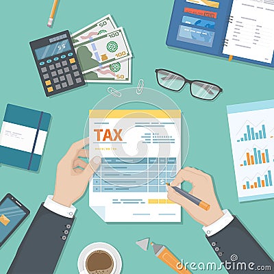 Tax payment concept. State Government taxation, calculation of tax return. Man fills the tax form, documents. Pay the bill Vector Illustration