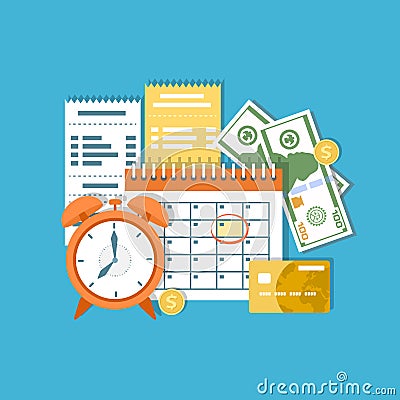 Tax payment day Concept. Income federal taxation, monthly installment, time period. Financial calendar, invoices. Payday icon. Vector Illustration