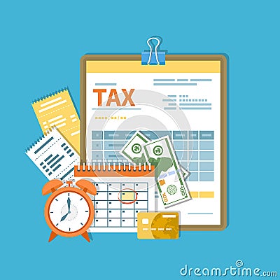 Tax payment. Government, State taxes. Payment day. Tax form on a clipboard, financial calendar invoices. Payday icon. Vector Illustration