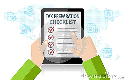 Tax Preparation Checklist on Tablet Infographic. Tax Return Deduction Concept Stock Photo
