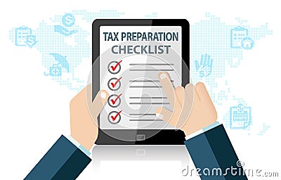 Tax Preparation Checklist on Tablet Infographic. Tax Return Deduction Concept Stock Photo