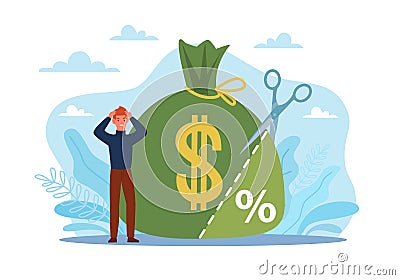 Tax rate. Budget expenditure management, return of part income, huge bag with dollar and percentage sign, scissors cut Vector Illustration