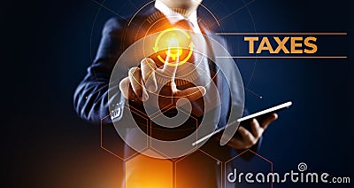 Tax report taxes payment business finance concept. Businessman pointing on virtual screen. Stock Photo