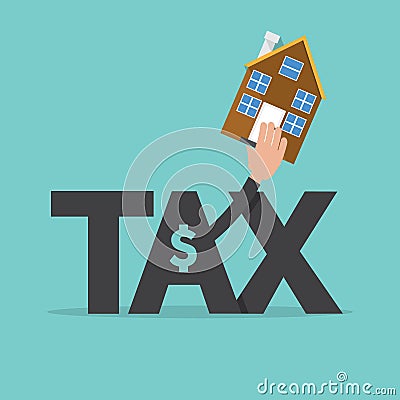 Tax Word Letter With a Person Holding a Home It is the Concept of Paying Car Tax. Vector Illustration