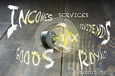 Tax. As a bulb lightens its light, taxes are imposed on goods and services transactions, business income, interest, dividends, Stock Photo