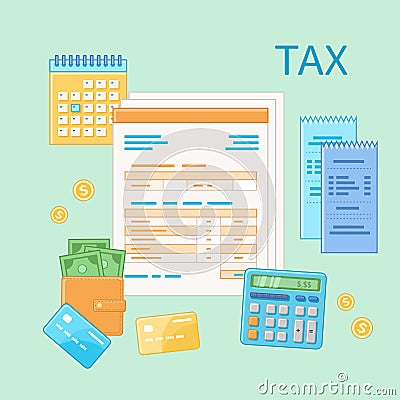 Taxation concept. State Government tax payment, calculation. Unfilled blank tax form, financial calendar, checks. Payday icon. Vector Illustration