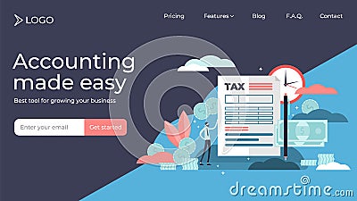 Taxes flat tiny persons vector illustration landing page template design. Vector Illustration