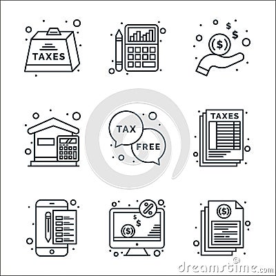 taxes line icons. linear set. quality vector line set such as document, computer, archives, sheet, duty free, expense, income, Vector Illustration