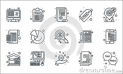 taxes line icons. linear set. quality vector line set such as duty free, income, expense, document, invoice, accountant, Vector Illustration