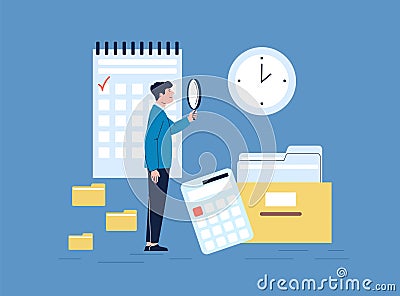 Taxes time is coming. Accounting manager look magnifying glass to clock, stay with folders, documents and calendar Vector Illustration