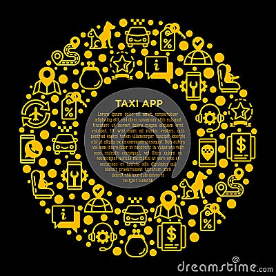 Taxi app concept in circle thin line icons: payment method, promocode, app settings, info, support service, pointer, route, Vector Illustration