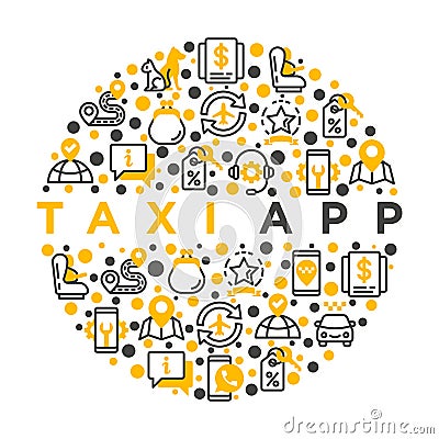 Taxi app concept in circle thin line icons: payment method, promocode, app settings, info, support service, route, destination, Vector Illustration
