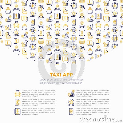 Taxi app concept with thin line icons: payment method, promocode, app settings, info, support service, phone number, pointer, Vector Illustration